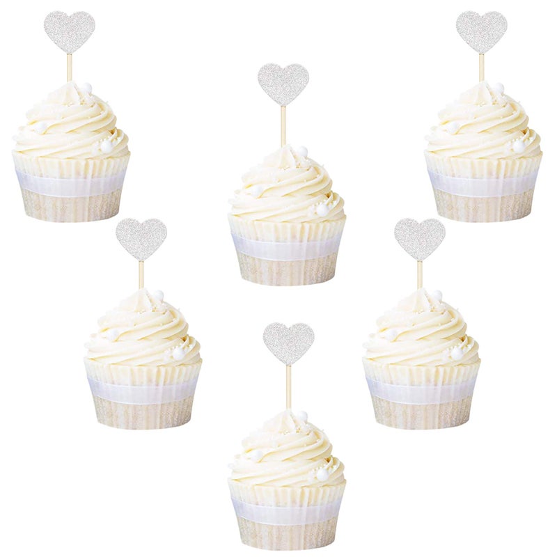 Ercadio Glitter Heart Cupcake Toppers Cupcake Picks for Love Theme Wedding Engagement Bridal Shower Party Cake Decoration 40 Pack Silver - Image 5